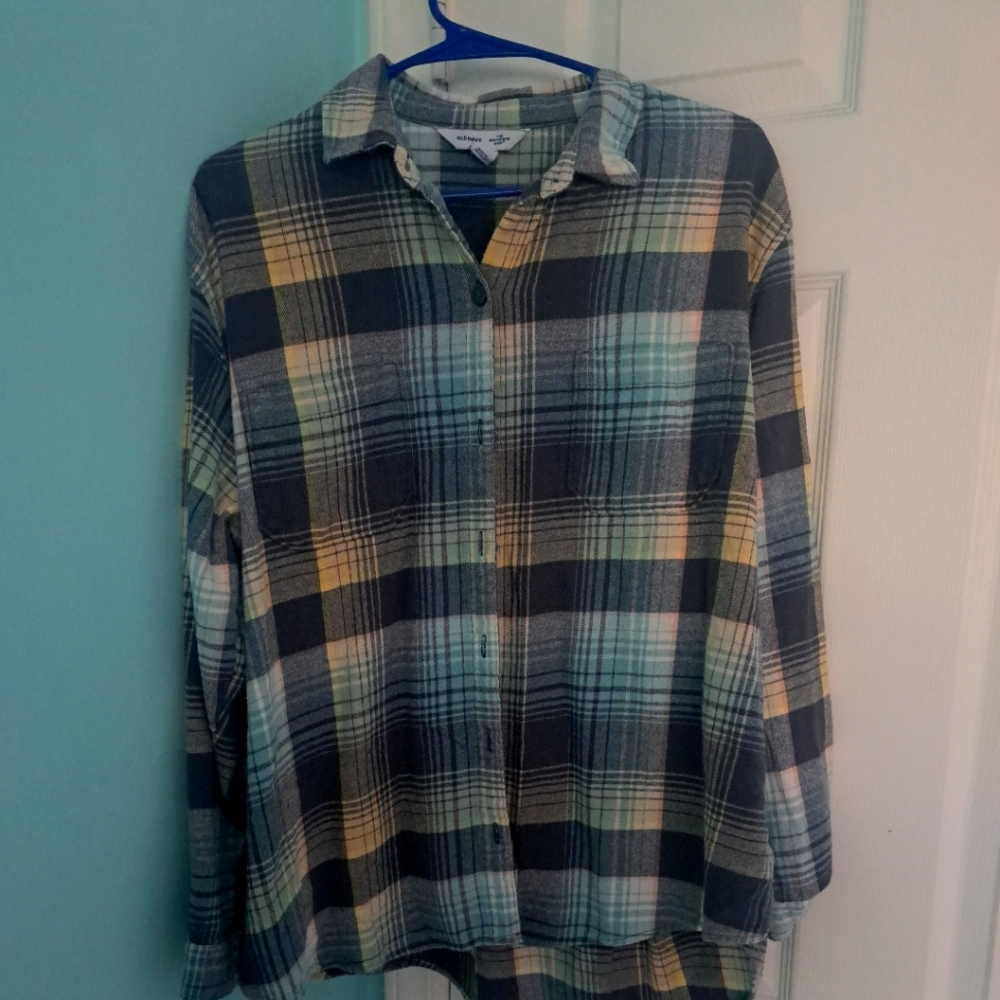 OLD NAVY Blue  Plaid  Long Sleeve Flannel Boyfriend Shirt Size L